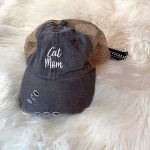 NWT Cat Mom Grey distressed adjustable trucker hat